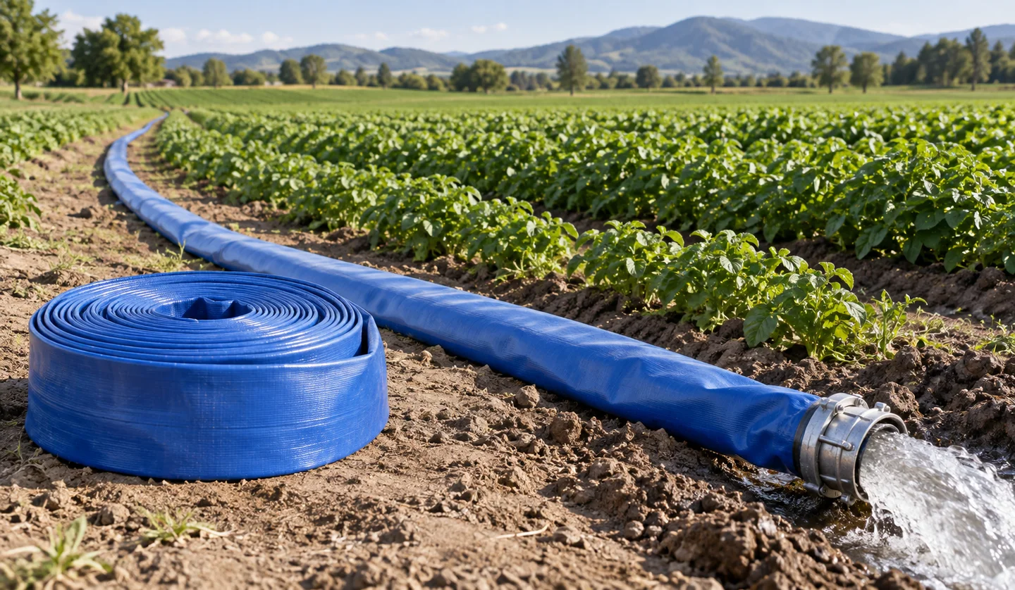 Blue layflat hose transferring irrigation water beside crop rows, illustrative scene